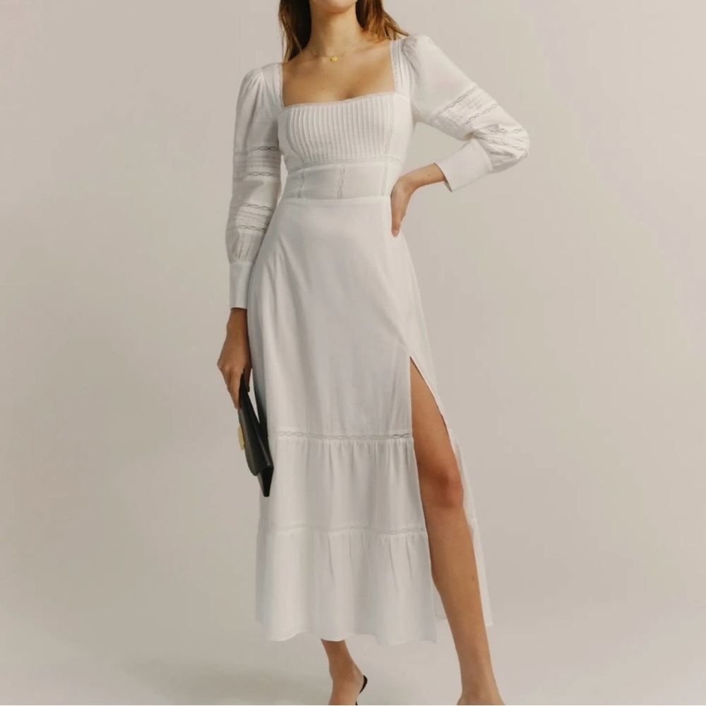 Reformation White Maxi Dress with Square Neck & Puff Sleeves